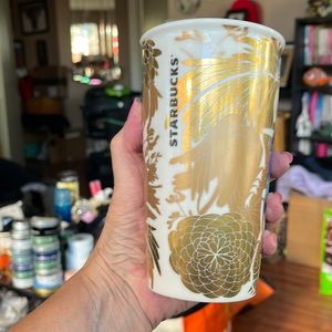 Starbucks 2014 Green Dot Blue Scarab Beetle Gold Floral  Travel Mug.  No Lid